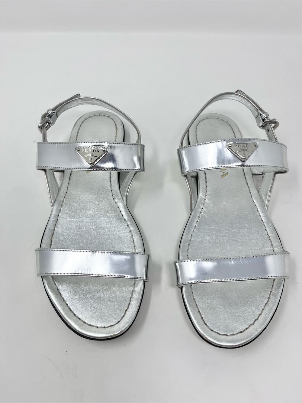 Prada Triangle Logo Silver Metallic Patent Leather Sandal size 37.5 EU Flat